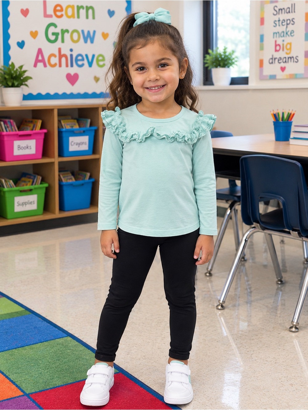 Cat & Jack Mint Green Ruffle Shoulder Long-Sleeve Top and black leggings